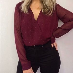 Merlot Burgundy Sheer Wrap blouse in Small